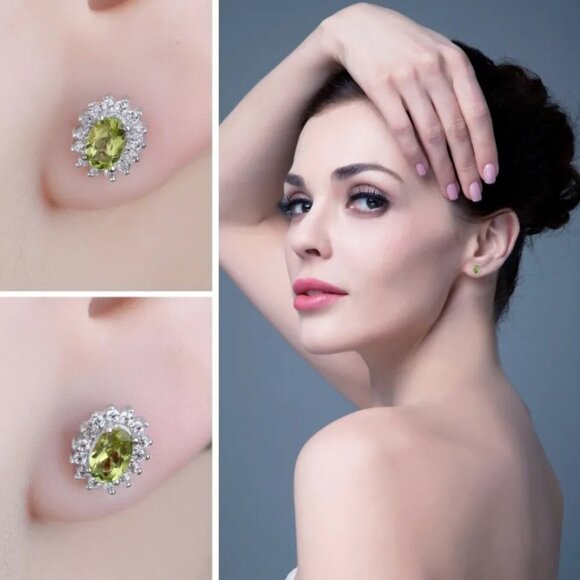 Jewelry - Jewelry earrings stud halo oval green peridot 925 silver August birthstone